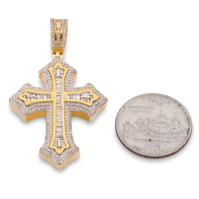 10K yellow Gold Baguette Centre Natural Diamond 1.5CT Cross Pendant Men Women Pendant - Elite Jewelers-Charms & Pendants
