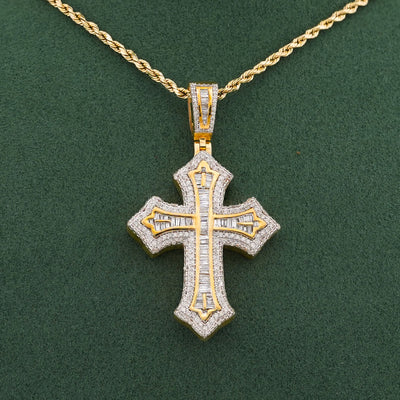 10K yellow Gold Baguette Centre Natural Diamond 1.5CT Cross Pendant Men Women Pendant - Elite Jewelers-Charms & Pendants