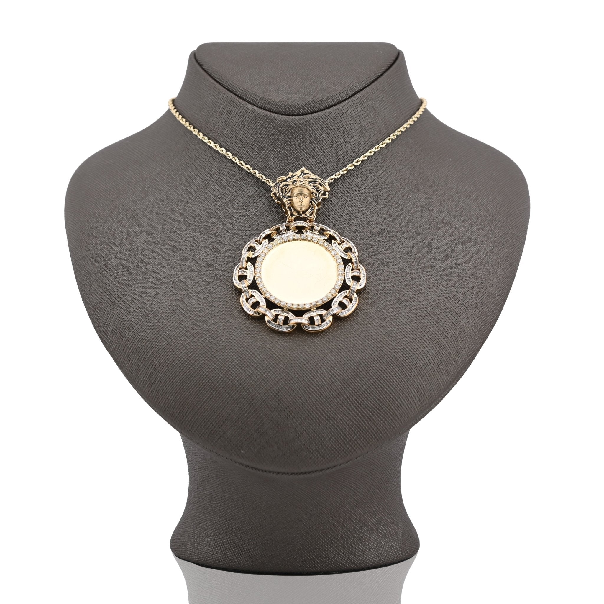 10K Yellow Gold Baguette Cuban Link Medusa 4.18CT Natural Diamond Memory Picture Pendant Men Women Charm - Elite Jewelers - Charms & Pendants