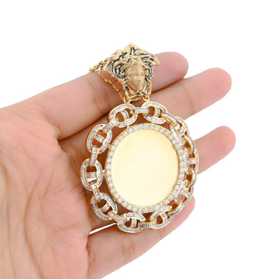 10K Yellow Gold Baguette Cuban Link Medusa 4.18CT Natural Diamond Memory Picture Pendant Men Women Charm - Elite Jewelers - Charms & Pendants