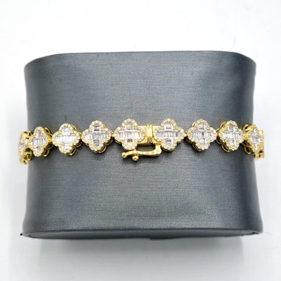10K Yellow Gold Baguette Natural Diamond 3CT Clover Bracelet With Single Cut On Edges 7" - Elite Jewelers - Bracelets