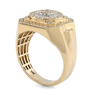 10K Yellow Gold Centre Flower Cluster 1.05CT Baguette/Round Natural Diamond Men Ring - Elite Jewelers - Rings