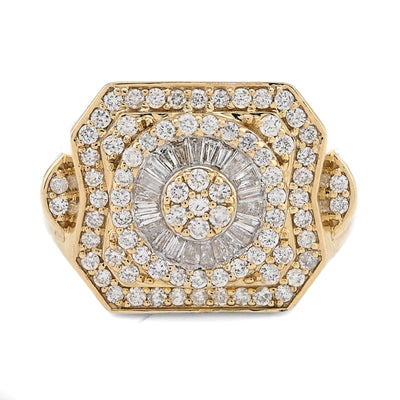 10K Yellow Gold Centre Flower Cluster 1.05CT Baguette/Round Natural Diamond Men Ring - Elite Jewelers - Rings