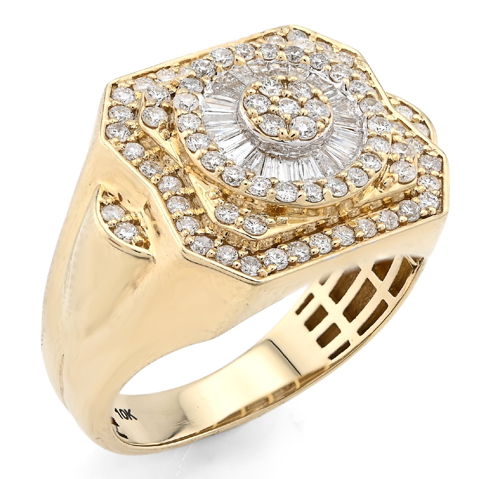 10K Yellow Gold Centre Flower Cluster 1.05CT Baguette/Round Natural Diamond Men Ring - Elite Jewelers - Rings