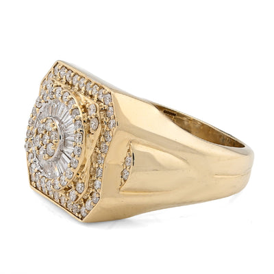 10K Yellow Gold Centre Flower Cluster 1.05CT Baguette/Round Natural Diamond Men Ring - Elite Jewelers - Rings