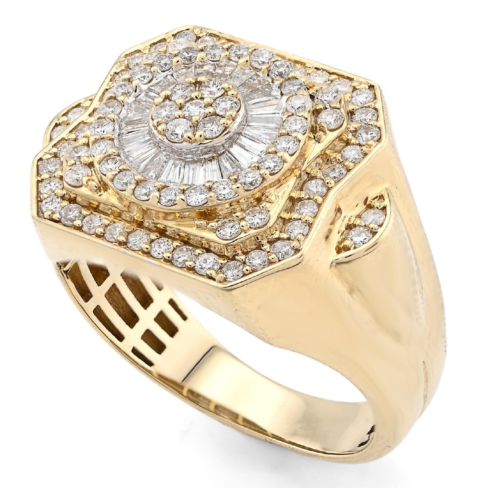 10K Yellow Gold Centre Flower Cluster 1.05CT Baguette/Round Natural Diamond Men Ring - Elite Jewelers - Rings
