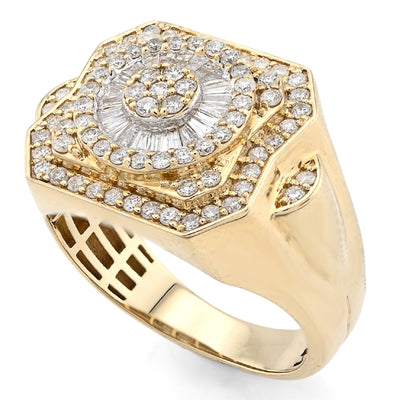 10K Yellow Gold Centre Flower Cluster 1.05CT Baguette/Round Natural Diamond Men Ring - Elite Jewelers - Rings
