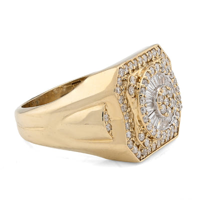 10K Yellow Gold Centre Flower Cluster 1.05CT Baguette/Round Natural Diamond Men Ring - Elite Jewelers - Rings