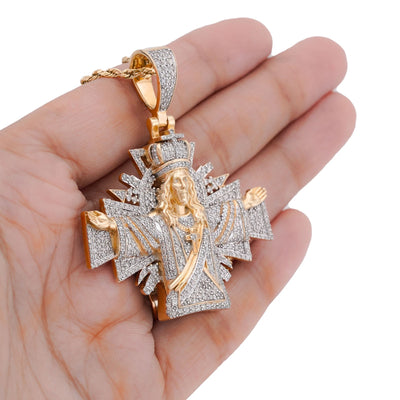 10K Yellow Gold Cross Jesus 2.5CT Natural Diamond Charm Men Women Pendant - Elite Jewelers-Charms & Pendants