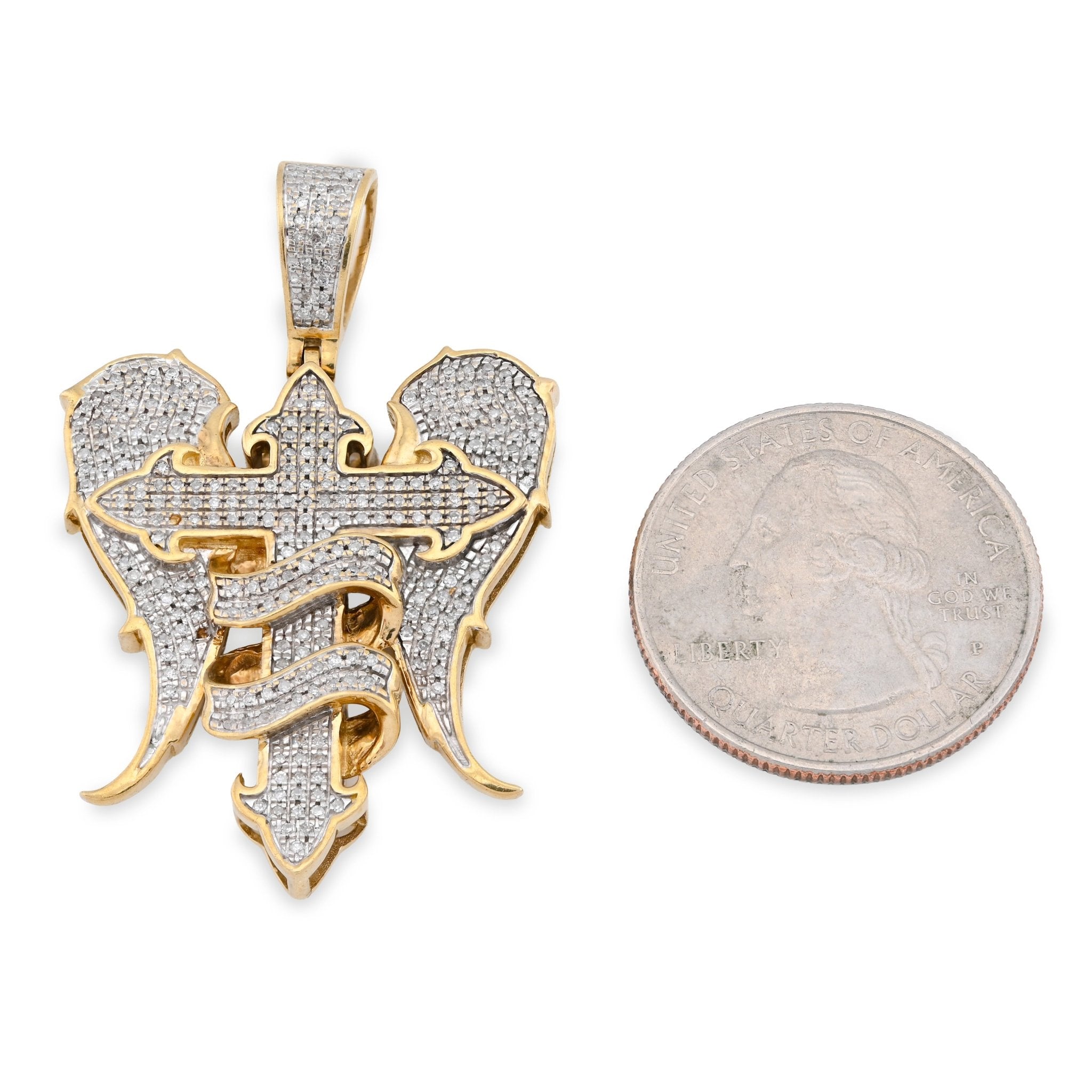 10K Yellow Gold Cross with Angel Wings 0.83CT Natural Diamond Charm Men Women Pendant - Elite Jewelers - Charms & Pendants