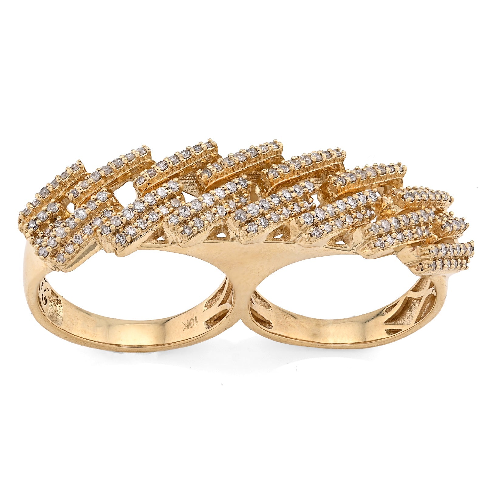 10K Yellow Gold Cuban Link 2 Finger 3CT Natural Diamond Men Ring - Elite Jewelers - Rings