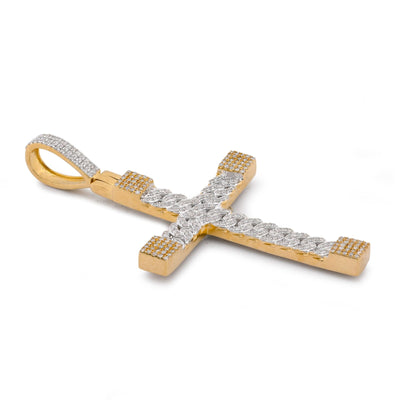 10K Yellow Gold Cuban Link Design Cross Pendant 7/8CT Natural Diamond Men Women Charm - Elite Jewelers-Charms & Pendants