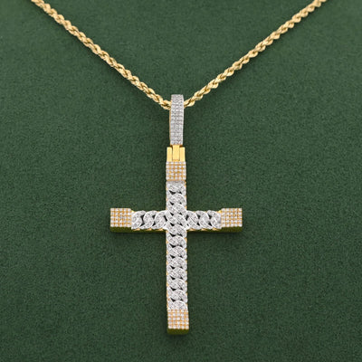 10K Yellow Gold Cuban Link Design Cross Pendant 7/8CT Natural Diamond Men Women Charm - Elite Jewelers-Charms & Pendants