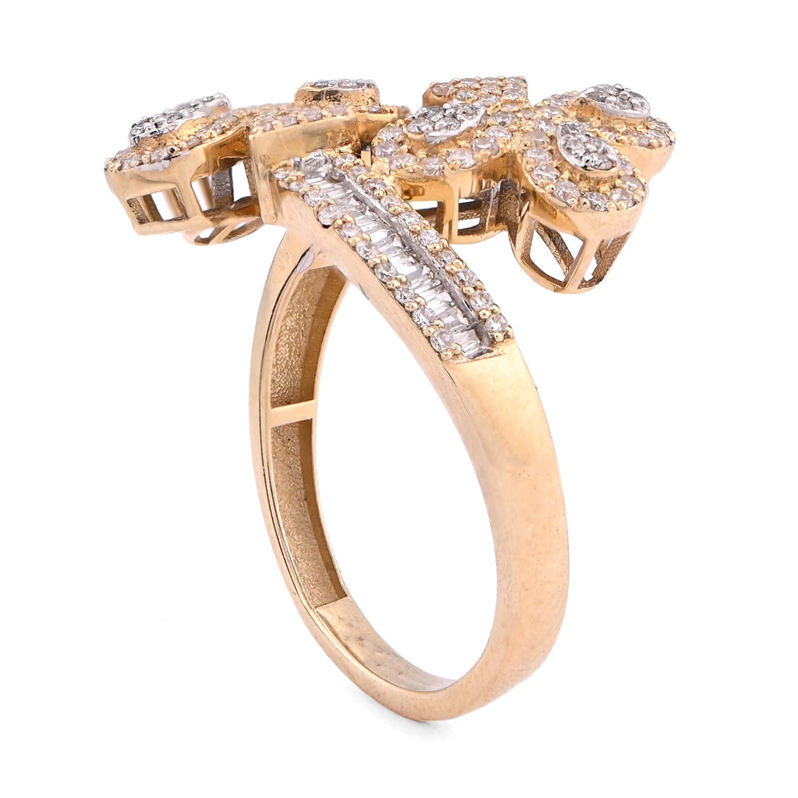 10K Yellow Gold Diamond Cuff 3 - Leaf Clover 0.65CT Natural Round/Baguette Women Ring - Elite Jewelers - Rings