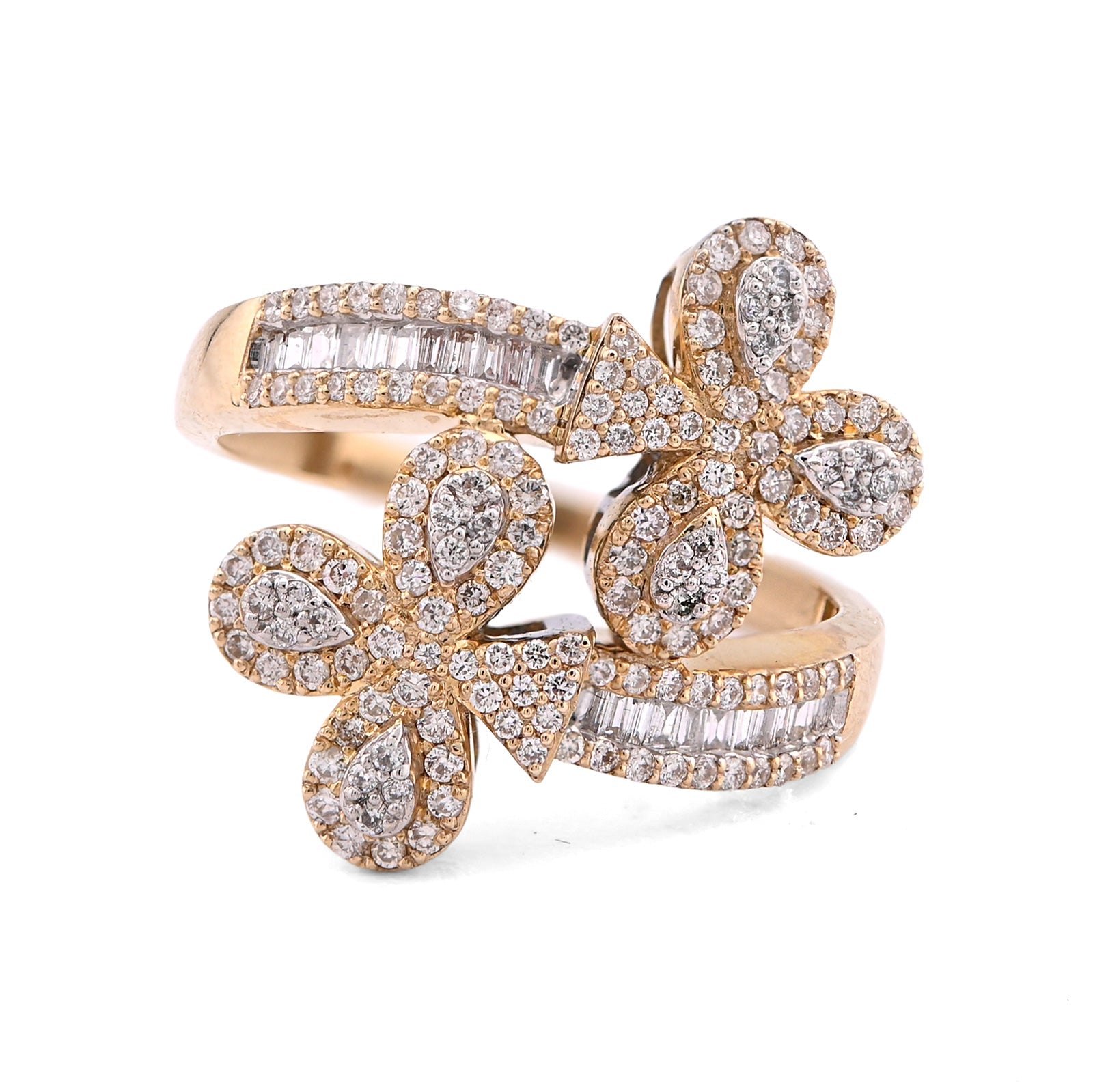 10K Yellow Gold Diamond Cuff 3 - Leaf Clover 0.65CT Natural Round/Baguette Women Ring - Elite Jewelers - Rings