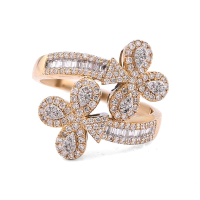 10K Yellow Gold Diamond Cuff 3 - Leaf Clover 0.65CT Natural Round/Baguette Women Ring - Elite Jewelers - Rings