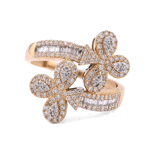10K Yellow Gold Diamond Cuff 3 - Leaf Clover 0.65CT Natural Round/Baguette Women Ring - Elite Jewelers - Rings
