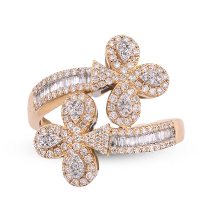 10K Yellow Gold Diamond Cuff 3 - Leaf Clover 0.65CT Natural Round/Baguette Women Ring - Elite Jewelers - Rings