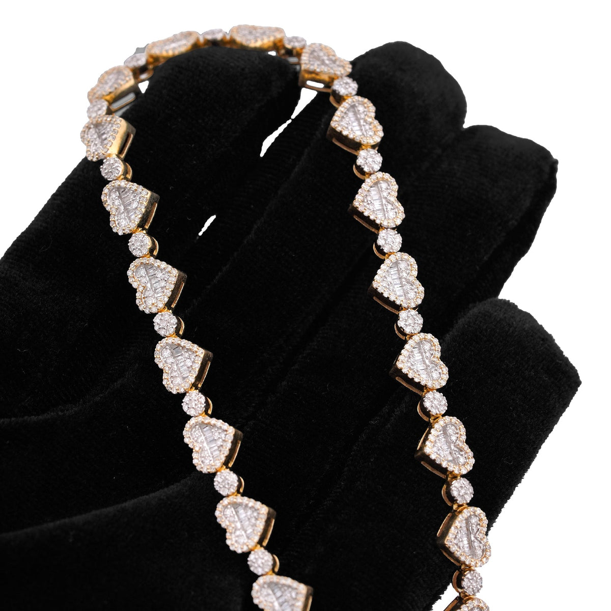 10K Yellow Gold Heart Shape Link Baguette 6.10CT Natural Diamond Women Tennis Chain 18" Necklace - Elite Jewelers-Necklaces