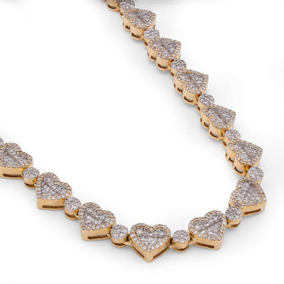 10K Yellow Gold Heart Shape Link Baguette 6.10CT Natural Diamond Women Tennis Chain 18" Necklace - Elite Jewelers-Necklaces