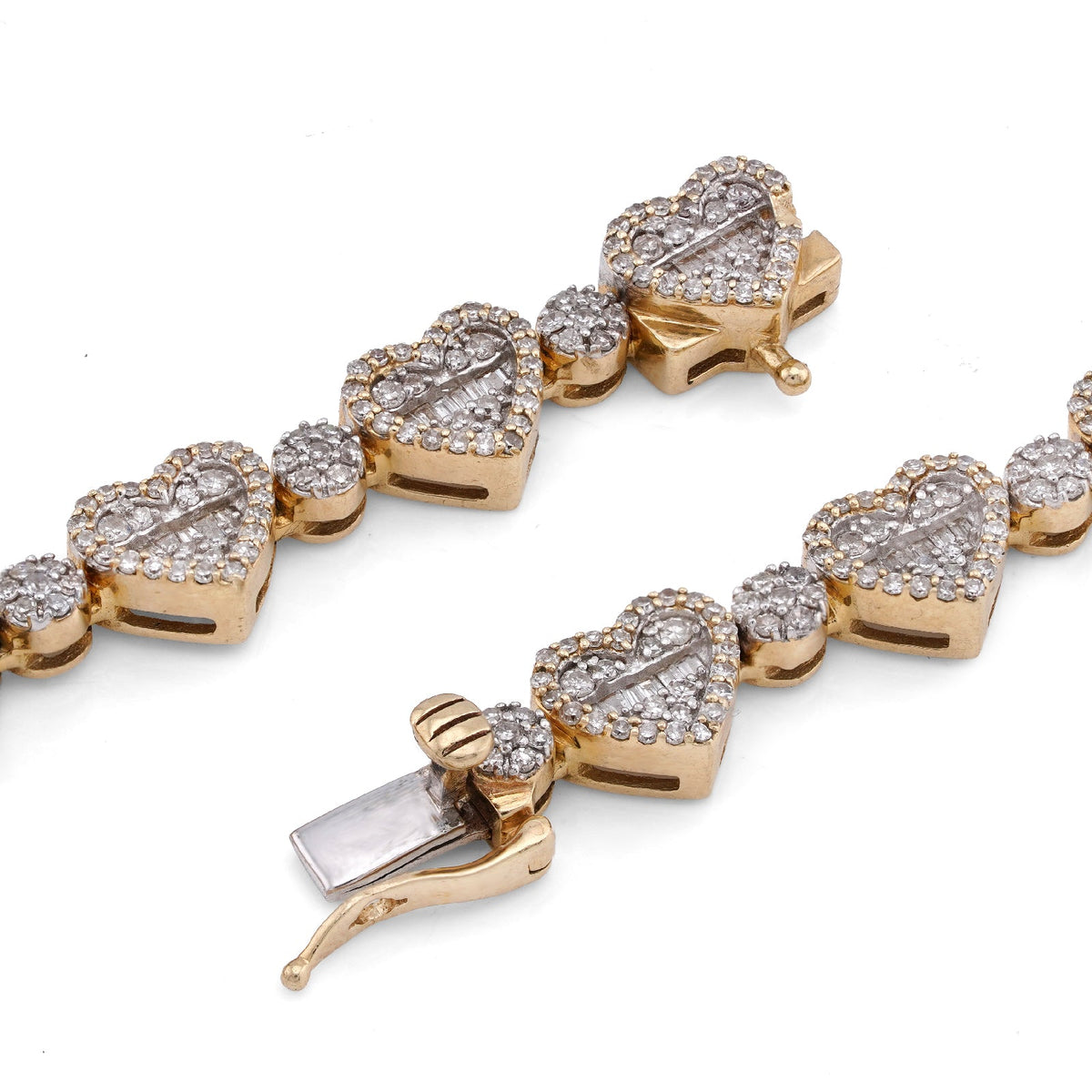 10K Yellow Gold Heart Shape Link Baguette 6.10CT Natural Diamond Women Tennis Chain 18" Necklace - Elite Jewelers-Necklaces