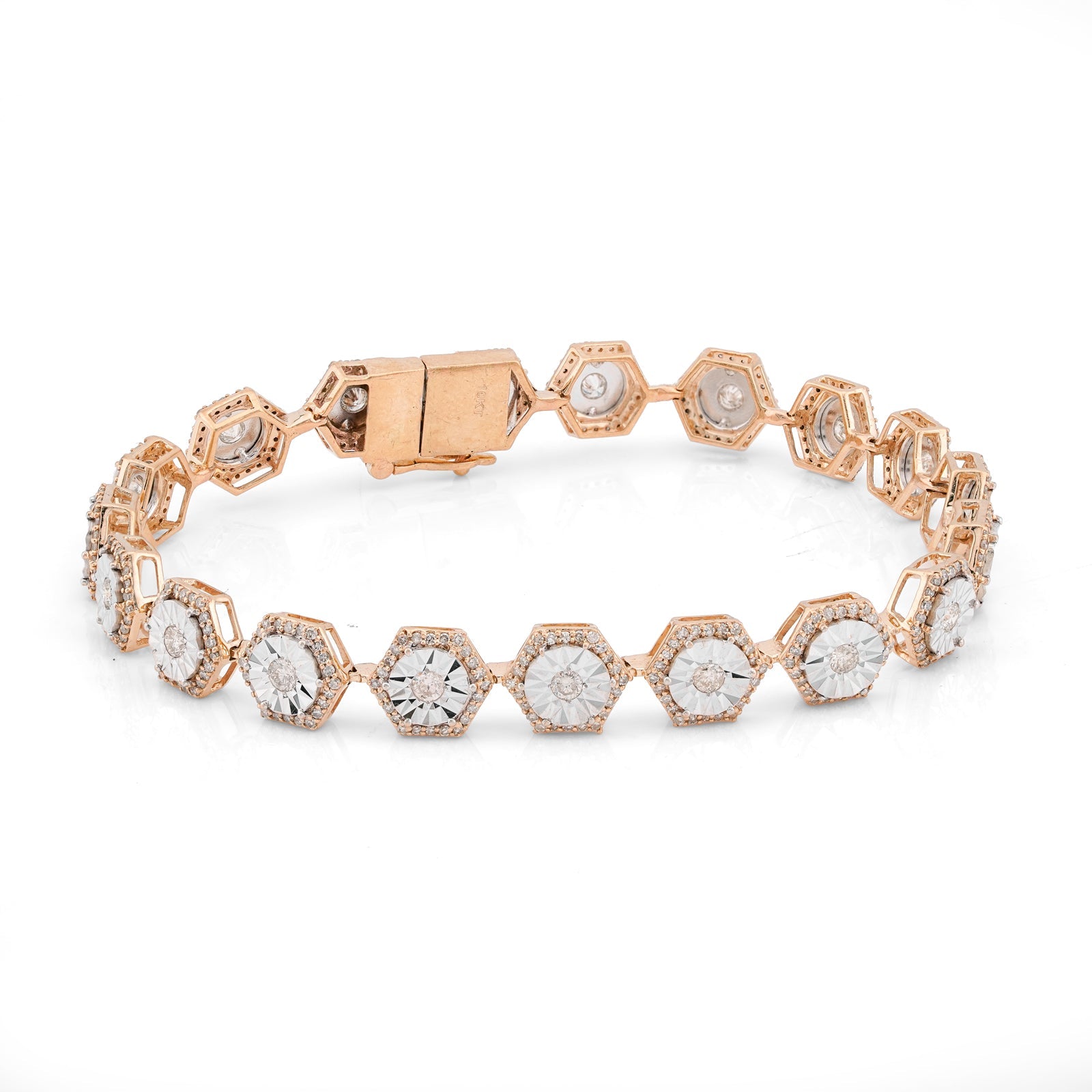 10K Yellow Gold Hexagon Link Illusion Set 2CT Natural Diamond 8" Bracelet - Elite Jewelers-Bracelets