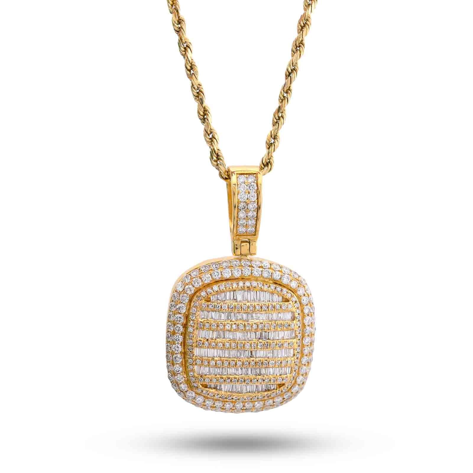 10K Yellow Gold Ice Tray Style Dog Tag Charm Natural Diamond Round/Baguette 2CT Pendant - Elite Jewelers-Charms & Pendants