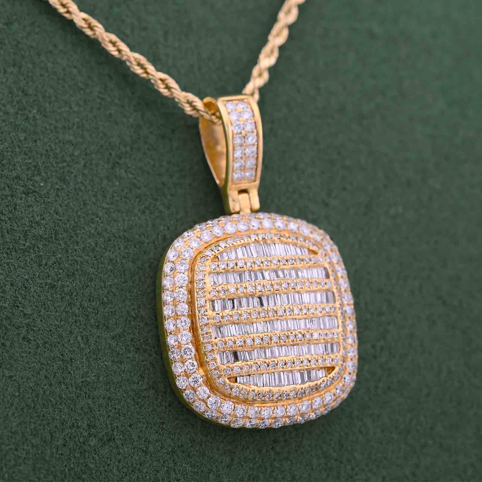 10K Yellow Gold Ice Tray Style Dog Tag Charm Natural Diamond Round/Baguette 2CT Pendant - Elite Jewelers-Charms & Pendants