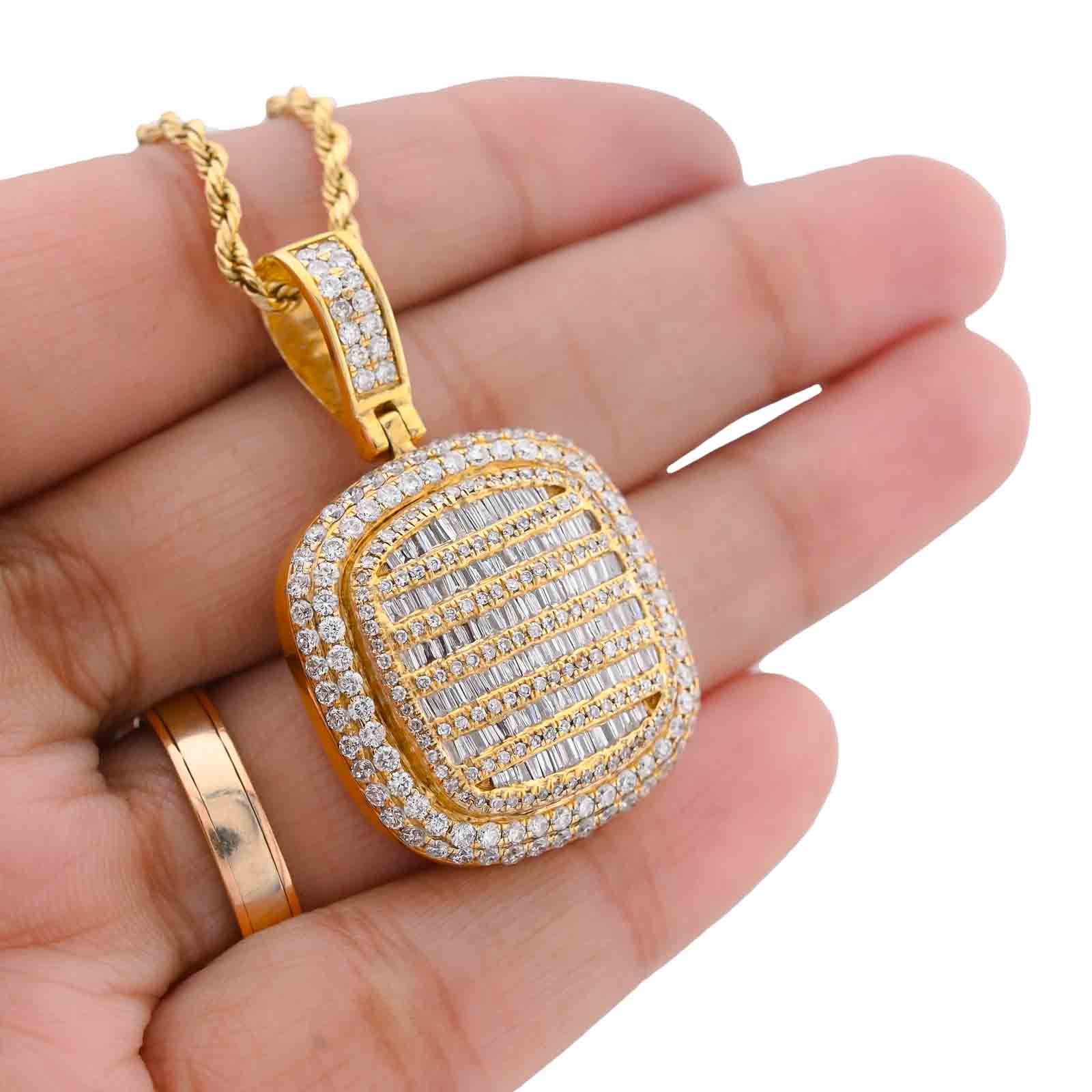 10K Yellow Gold Ice Tray Style Dog Tag Charm Natural Diamond Round/Baguette 2CT Pendant - Elite Jewelers-Charms & Pendants