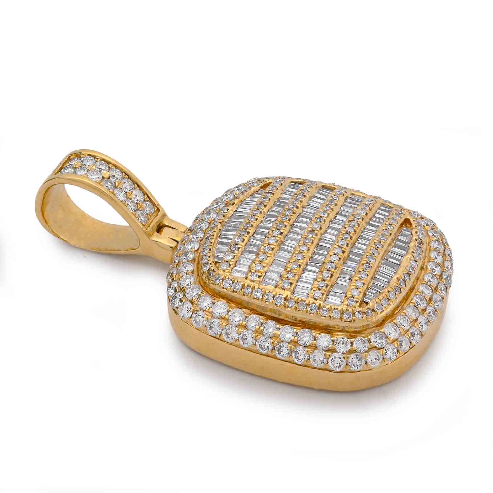 10K Yellow Gold Ice Tray Style Dog Tag Charm Natural Diamond Round/Baguette 2CT Pendant - Elite Jewelers-Charms & Pendants