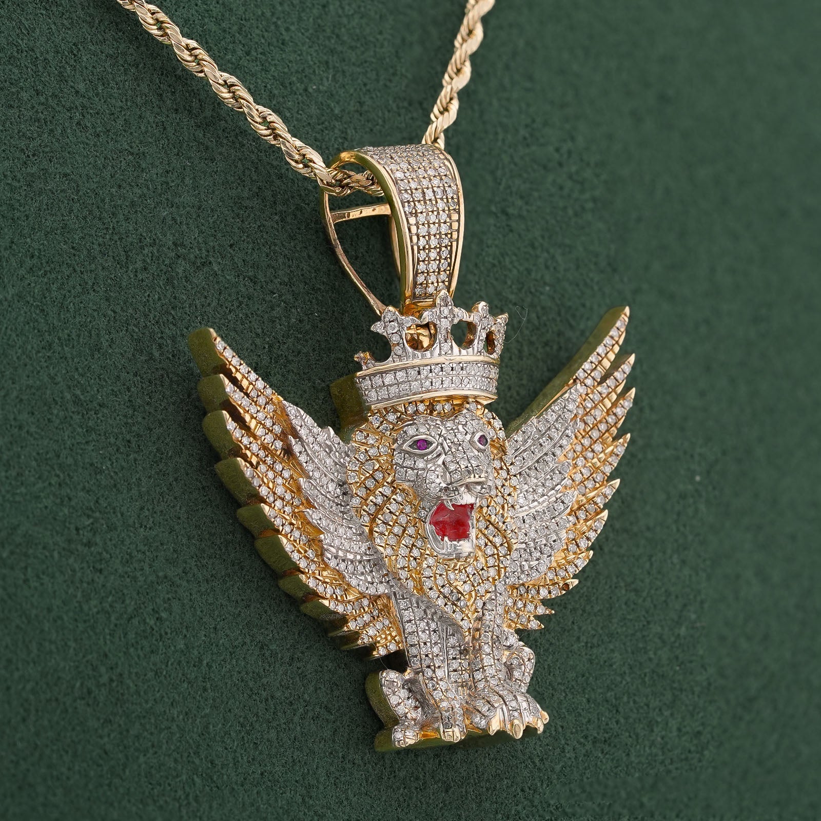 10K Yellow Gold Lion w/ Wings & Crown 4.89CT Natural Diamond Charm - Elite Jewelers-Charms & Pendants