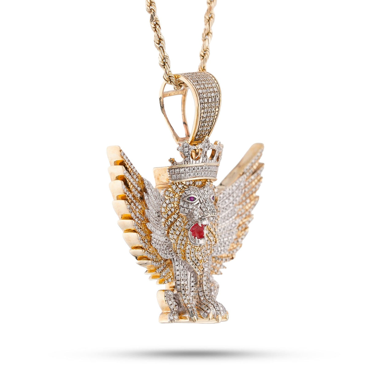 10K Yellow Gold Lion w/ Wings & Crown 4.89CT Natural Diamond Charm - Elite Jewelers-Charms & Pendants