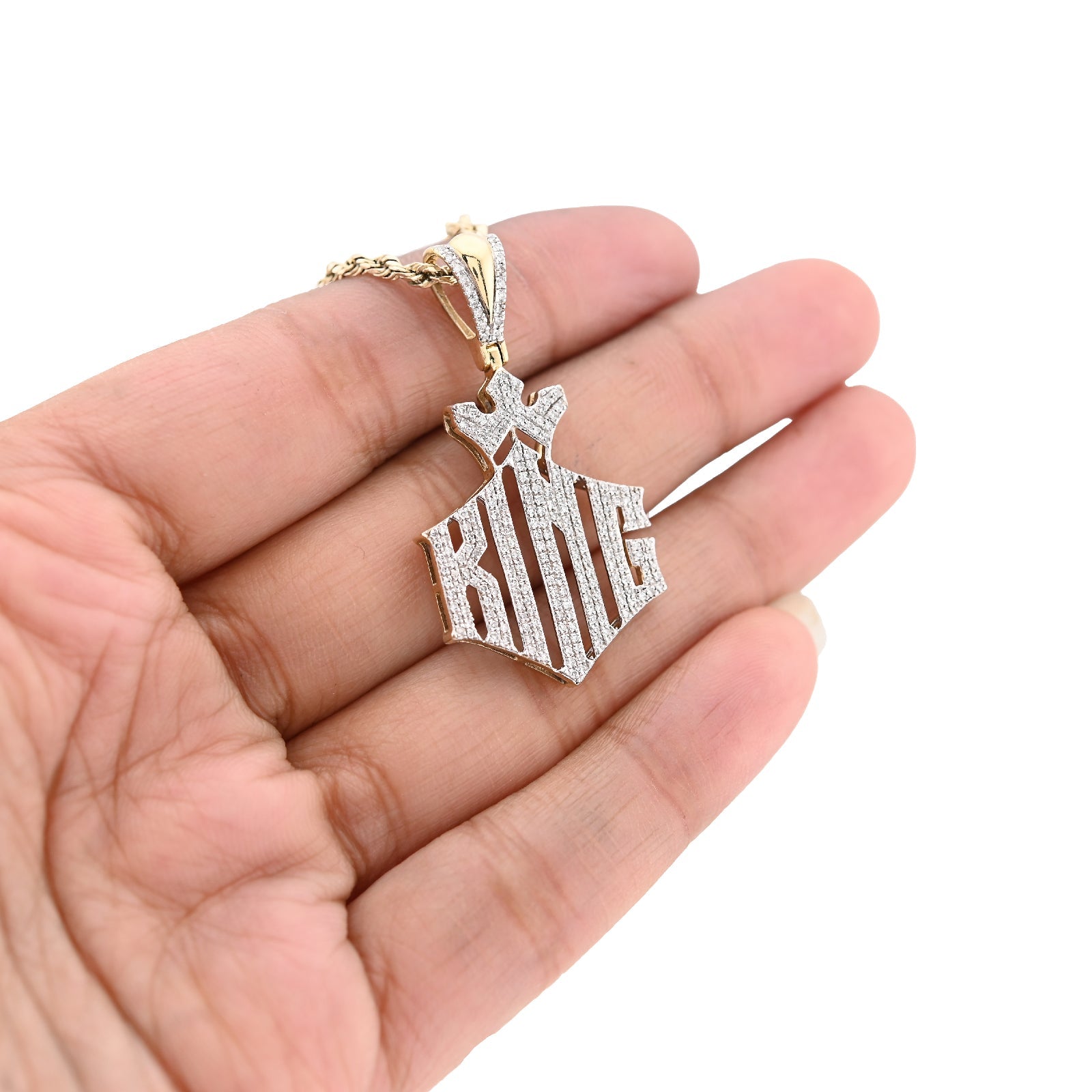 10K Yellow Gold Men "KING" Charm 0.50CT Natural Diamond Crown Pendant 1.6" - Elite Jewelers - Charms & Pendants