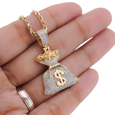 10K Yellow Gold Money Bag "$" Natural Diamond 1.5CT Men Women Charm Pendant - Elite Jewelers-Charms & Pendants