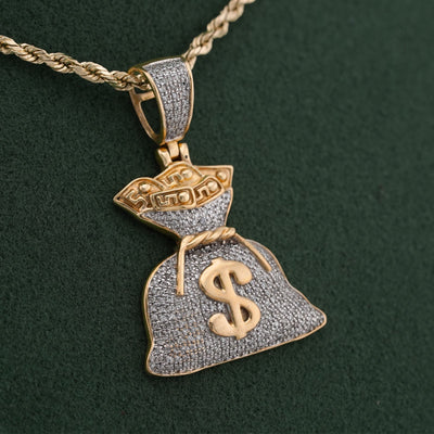 10K Yellow Gold Money Bag "$" Natural Diamond 1.5CT Men Women Charm Pendant - Elite Jewelers-Charms & Pendants