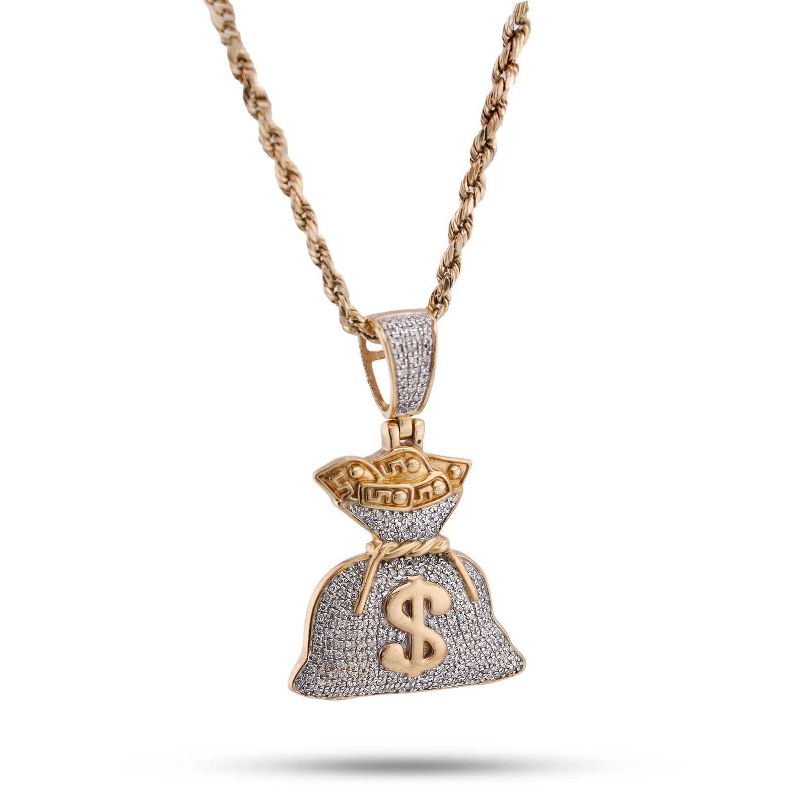 10K Yellow Gold Money Bag "$" Natural Diamond 1.5CT Men Women Charm Pendant - Elite Jewelers-Charms & Pendants