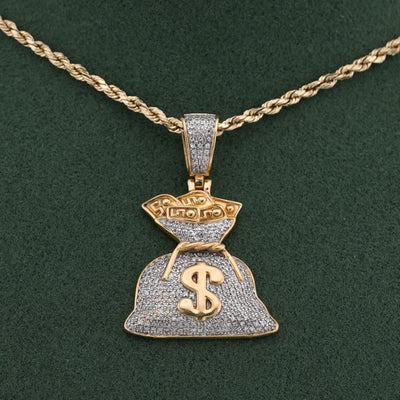 10K Yellow Gold Money Bag "$" Natural Diamond 1.5CT Men Women Charm Pendant - Elite Jewelers-Charms & Pendants