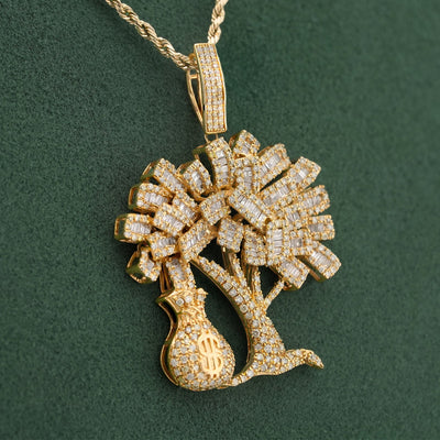 10K Yellow Gold Money Tree/ Money Bag Charm 3CT Round/Baguette Natural Diamond Charm - Elite Jewelers-Charms & Pendants