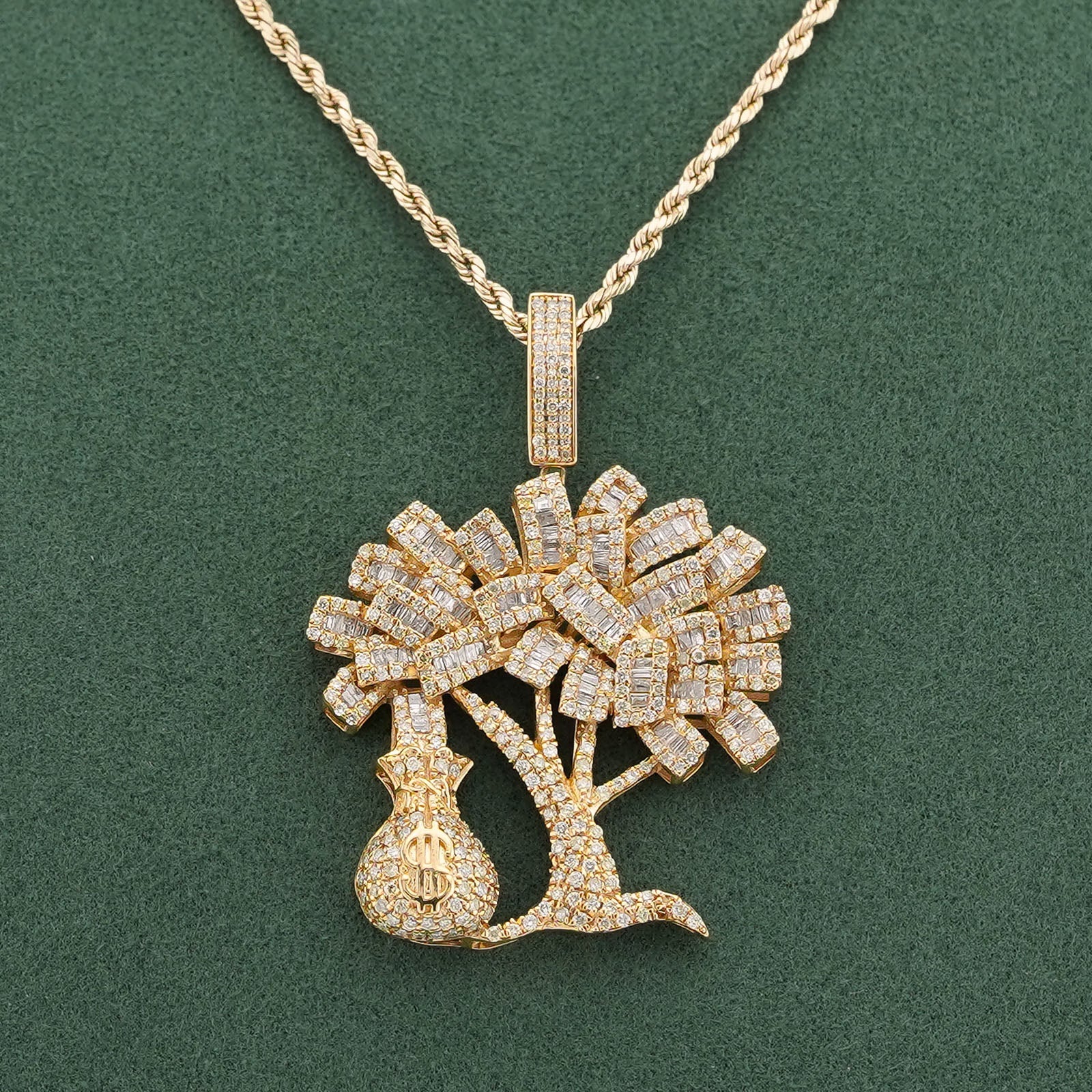 10K Yellow Gold Money Tree/ Money Bag Charm 3CT Round/Baguette Natural Diamond Charm - Elite Jewelers-Charms & Pendants