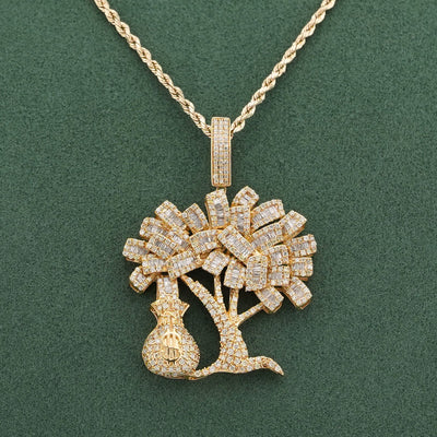 10K Yellow Gold Money Tree/ Money Bag Charm 3CT Round/Baguette Natural Diamond Charm - Elite Jewelers-Charms & Pendants