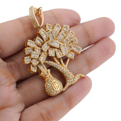 10K Yellow Gold Money Tree/ Money Bag Charm 3CT Round/Baguette Natural Diamond Charm - Elite Jewelers-Charms & Pendants