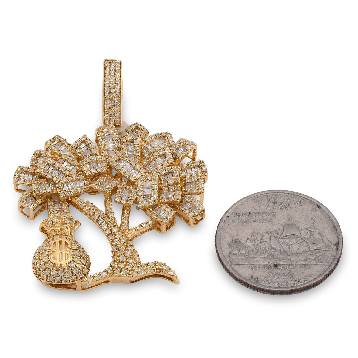 10K Yellow Gold Money Tree/ Money Bag Charm 3CT Round/Baguette Natural Diamond Charm - Elite Jewelers-Charms & Pendants