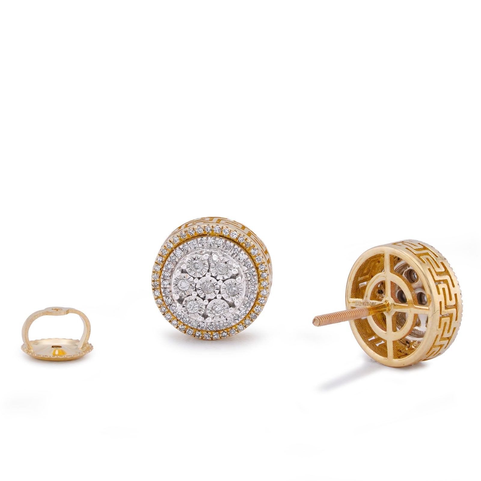 10K Yellow Gold Multi Halo Centre Flower Cluster 0.25CT Natural Diamond Men Women Earrings - Elite Jewelers-Earrings