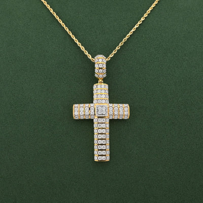 10K Yellow Gold Multi Row/Column Natural Diamond Illusion Natural Diamond 2CT Cross Charm Pendant - Elite Jewelers-Charms & Pendants