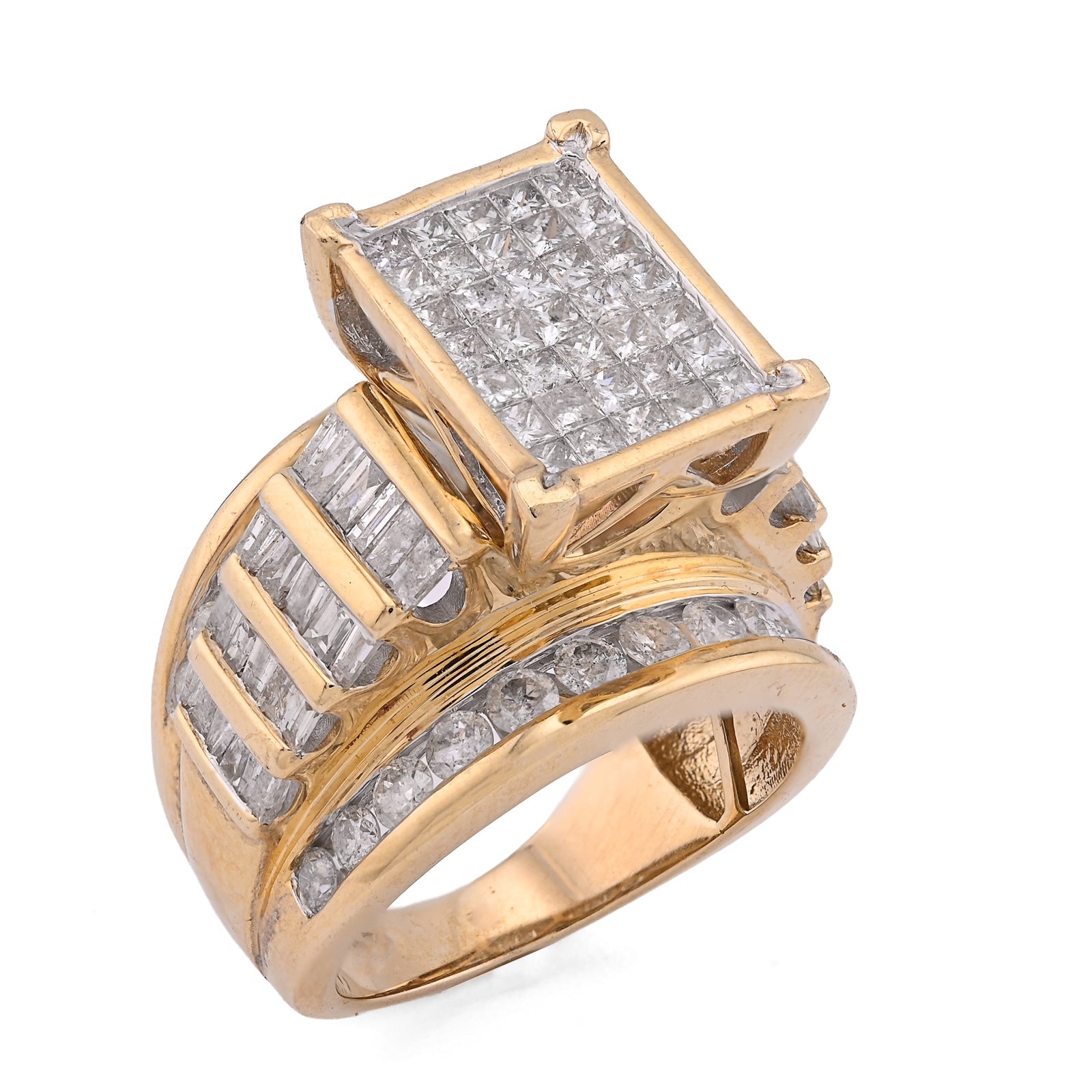 10K Yellow Gold Natural Princess/Round/Baguette 3.0CT Diamond Rectangular Centre Women Ring - Elite Jewelers - Rings