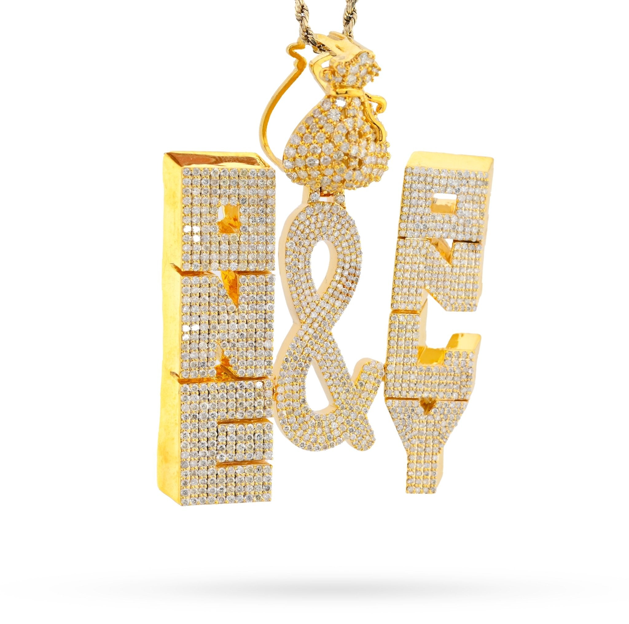10K Yellow Gold "ONE & ONLY" Money Bag Custom Pendant 8CT Natural Diamond Men Charm - Elite Jewelers - Charms & Pendants
