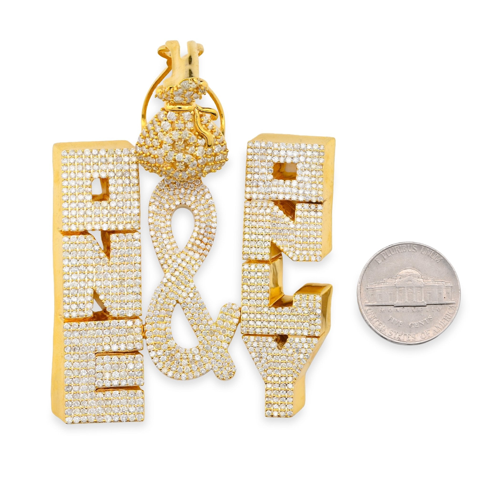 10K Yellow Gold "ONE & ONLY" Money Bag Custom Pendant 8CT Natural Diamond Men Charm - Elite Jewelers - Charms & Pendants