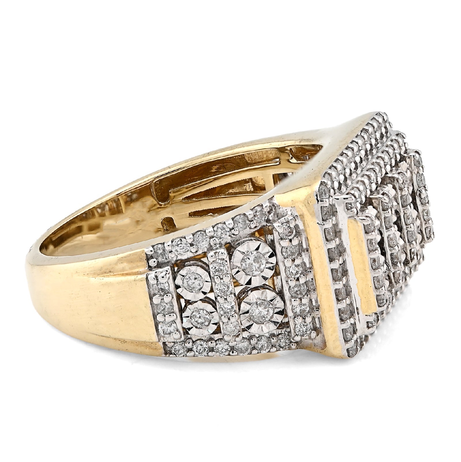 10K Yellow Gold Rectangle Multi - Column Illusion Side Iced 1.05CT Natural Diamond Men Pinky Ring - Elite Jewelers - Rings