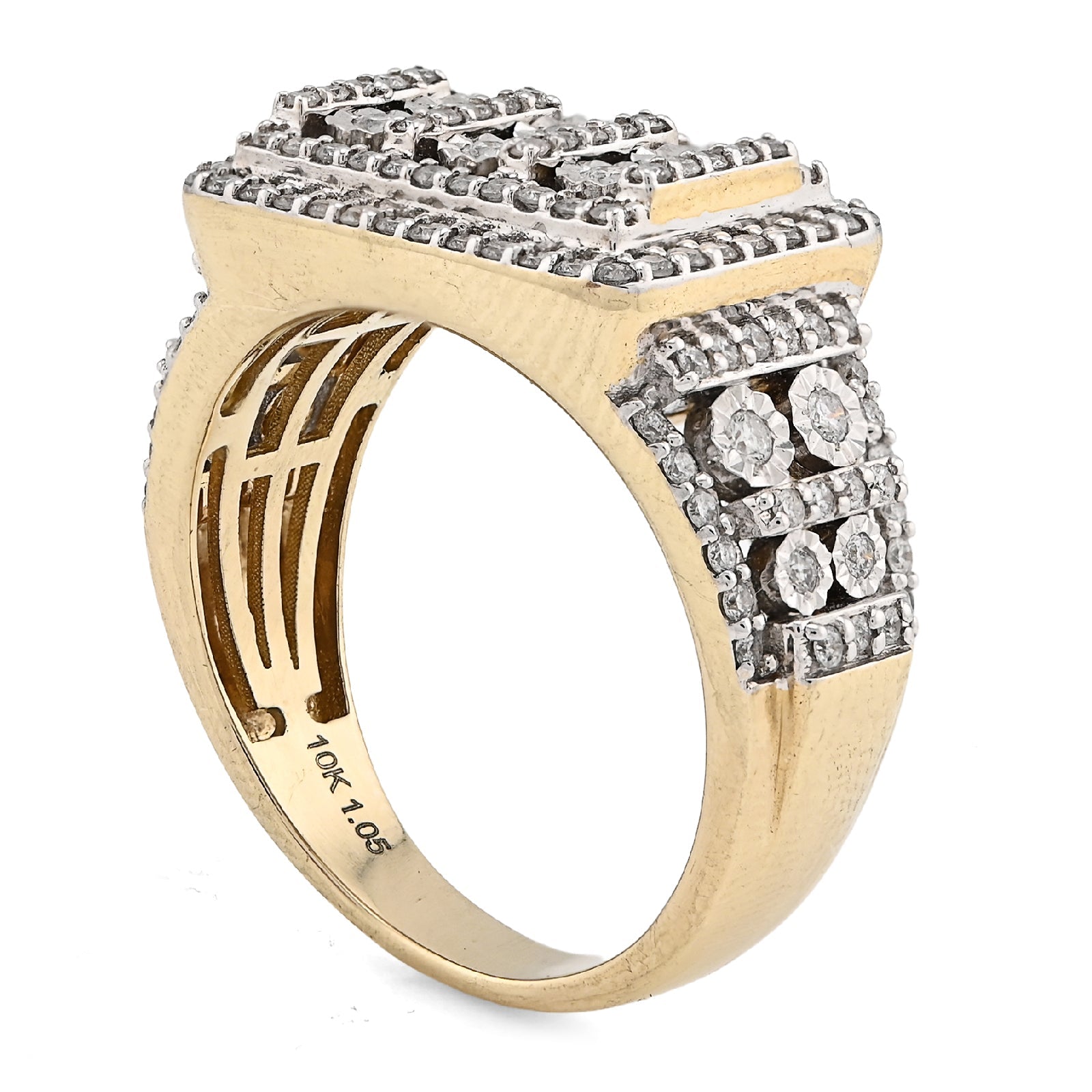 10K Yellow Gold Rectangle Multi - Column Illusion Side Iced 1.05CT Natural Diamond Men Pinky Ring - Elite Jewelers - Rings