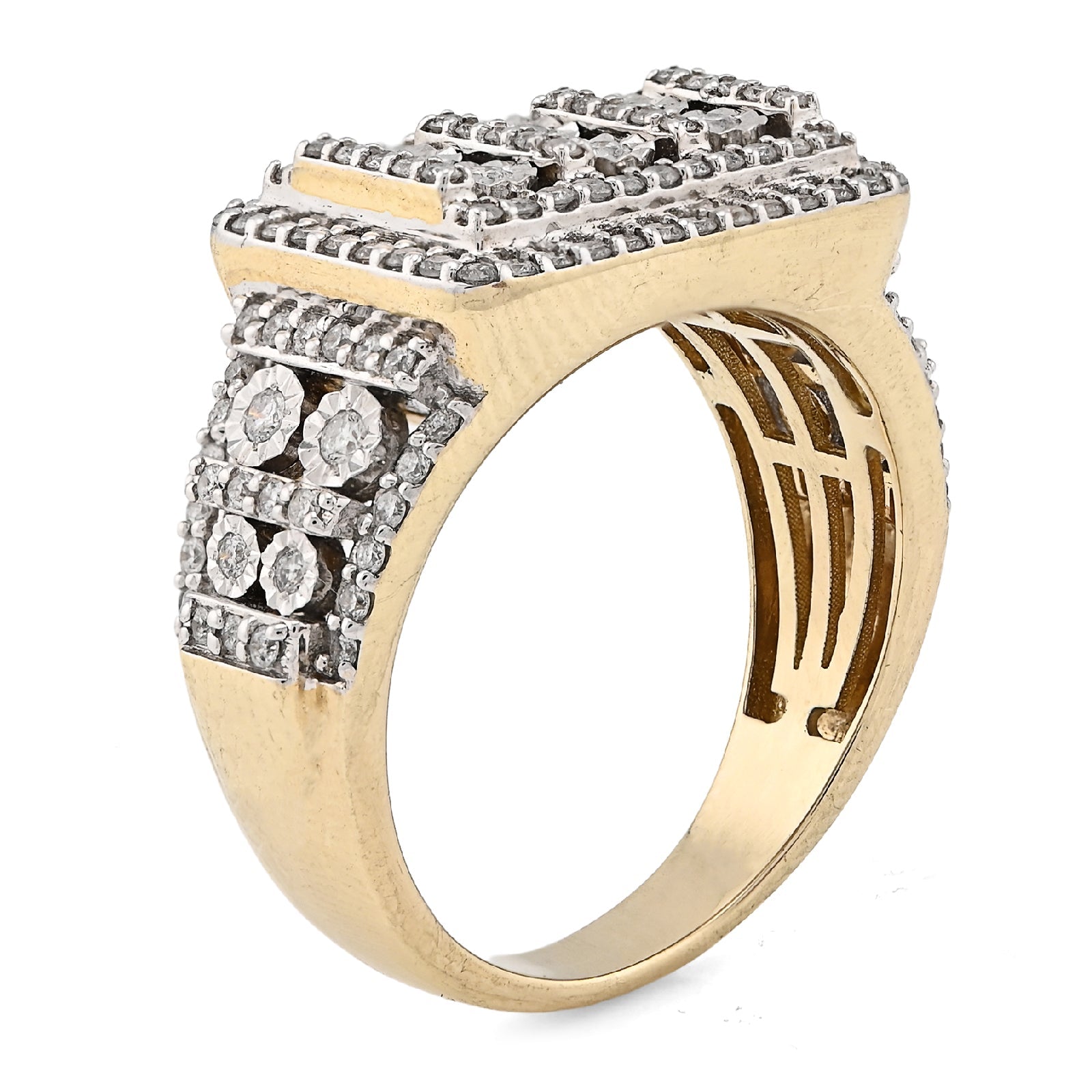 10K Yellow Gold Rectangle Multi - Column Illusion Side Iced 1.05CT Natural Diamond Men Pinky Ring - Elite Jewelers - Rings